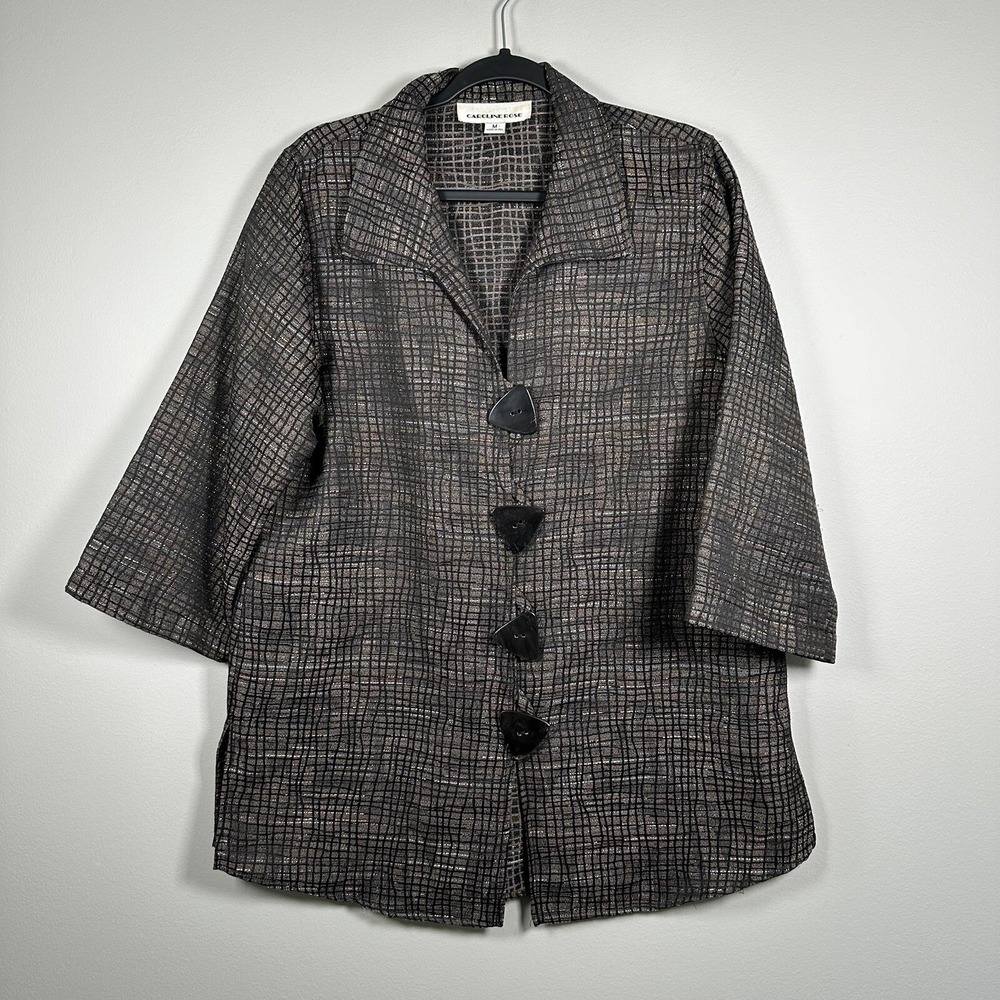 Caroline Rose M Jacket Black Bronze Metallic Grid 3/4 Sleeve Button Front Slits